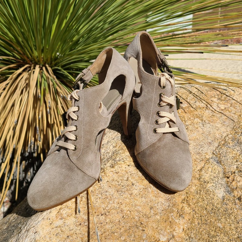 J. Crew Tan Suede Buckle Laced Heels, Size 5.5